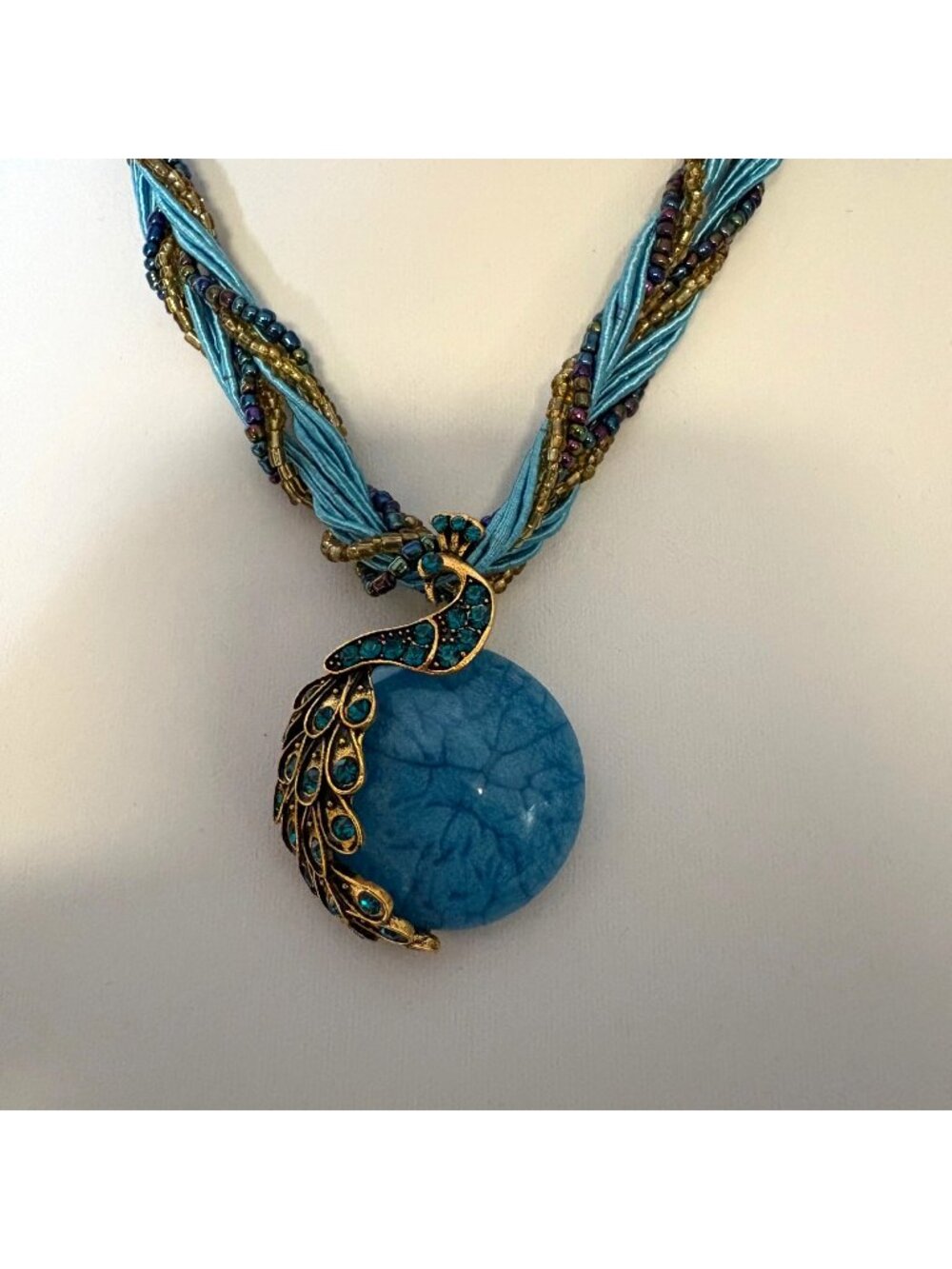 Blue Gold Tone Peacock Pendant Necklace Braided Beads Bohemian Statement NEW